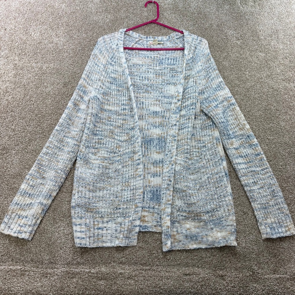 Its Our Time Womens Blue White Marled Knit Open Front Cardigan Sweater M Gray